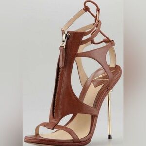 Brian Atwood Brown Leather Strappy High Heel Sandal with Gold Stiletto